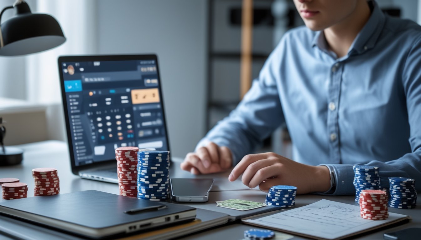 Seorang dewasa muda duduk di meja dengan laptop, ponsel, tumpukan chip poker, dan kartu remi, sedang mengatur modal taruhan judi Capsa dengan serius.