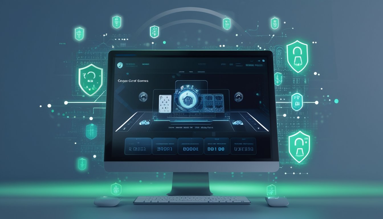 Sebuah perangkat digital menampilkan permainan kartu Capsa dengan simbol keamanan seperti perisai dan gembok di sekitarnya.