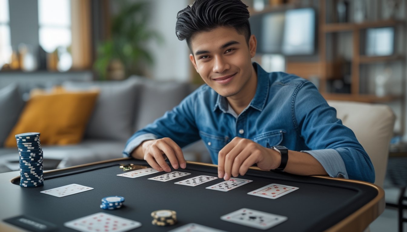 Seorang dewasa muda bermain Capsa Susun dengan kartu dan chip di meja di ruang tamu modern.