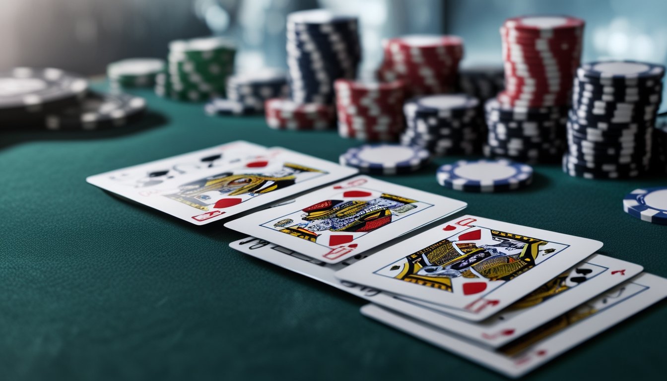 Tampilan dekat kartu remi dengan kombinasi kartu tertinggi di atas meja hijau felt poker, dikelilingi tumpukan chip poker dalam suasana kasino modern.