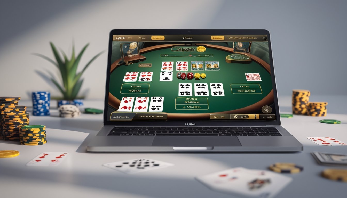 Sebuah perangkat digital menampilkan kombinasi kartu Capsa dengan chip poker dan kartu di meja, suasana fokus bermain judi kartu online.