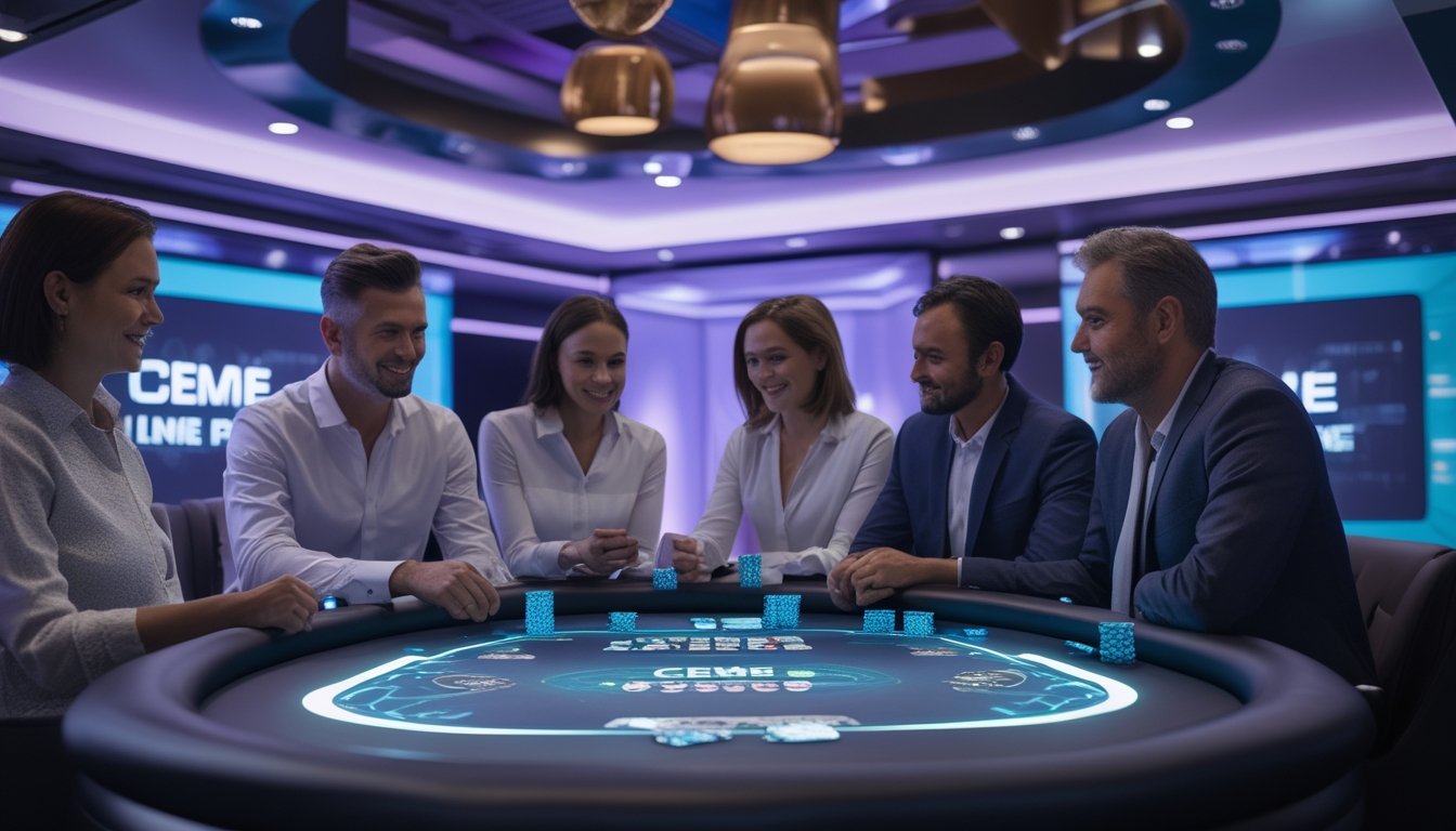 Empat orang dewasa sedang bermain kartu di meja poker digital dalam ruangan privat dengan pencahayaan biru dan ungu, suasana santai dan eksklusif.