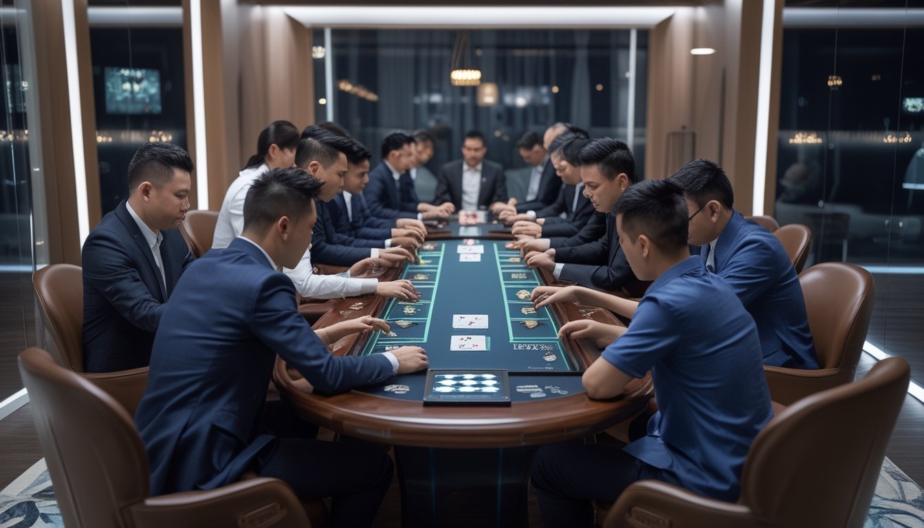 Beberapa pemain profesional sedang bermain Ceme di sebuah ruang privat yang mewah dan modern dengan pencahayaan hangat.