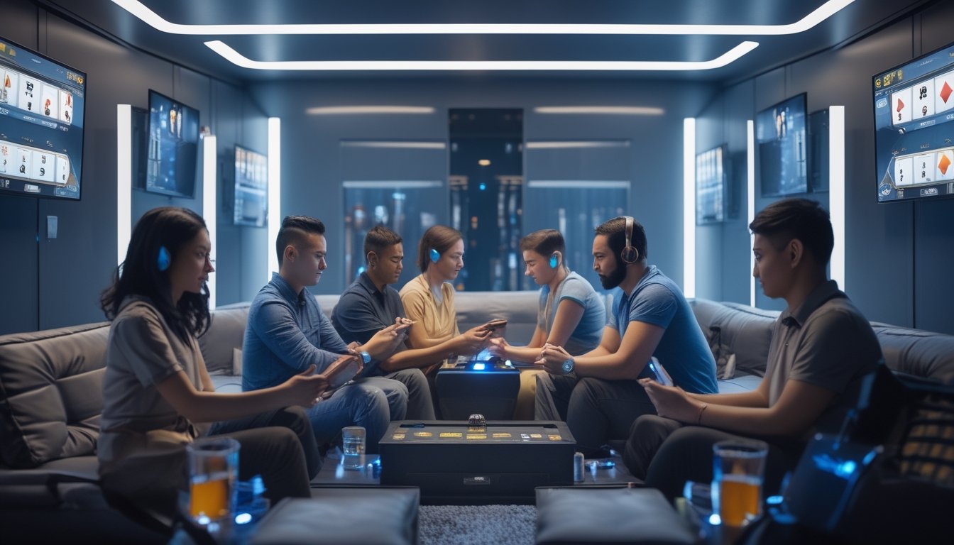 Sekelompok orang bermain game kartu Ceme secara online di sebuah ruangan pribadi yang nyaman dan modern.