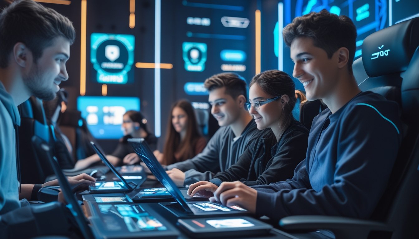 Sekelompok orang muda bermain game kartu online di sebuah ruangan pribadi yang nyaman dan modern dengan pencahayaan lembut.