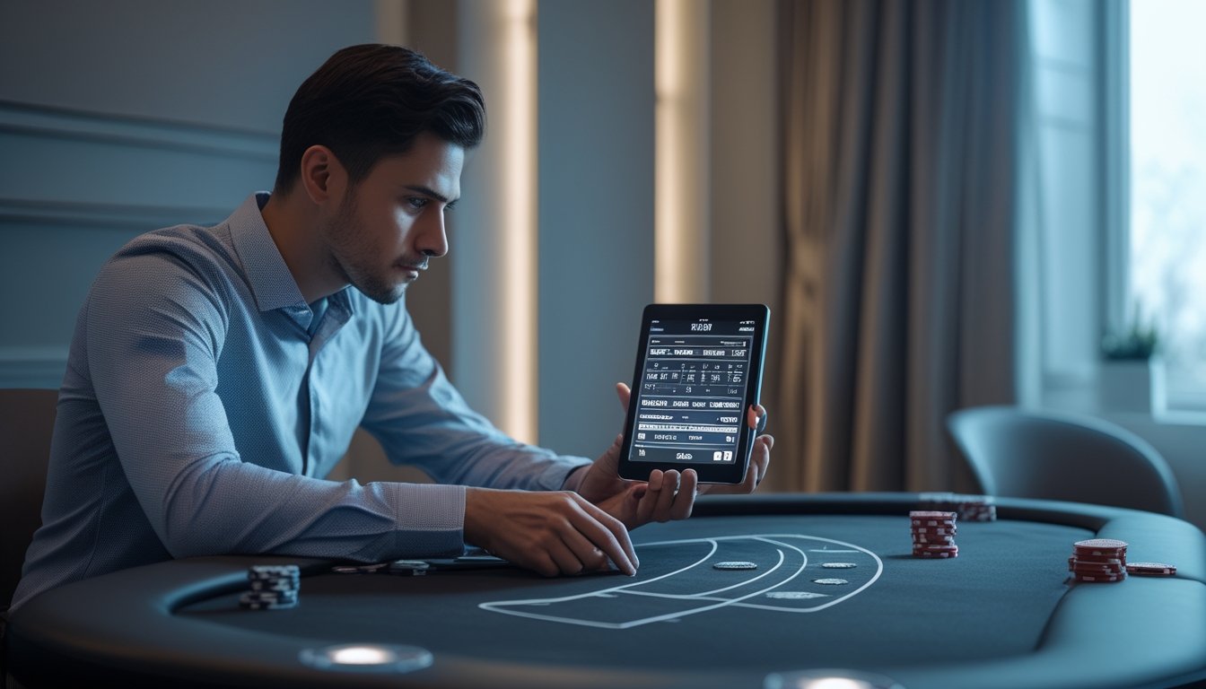 Seorang individu duduk di meja permainan pribadi, sedang memikirkan batas taruhan dengan chip poker dan kartu di depan.