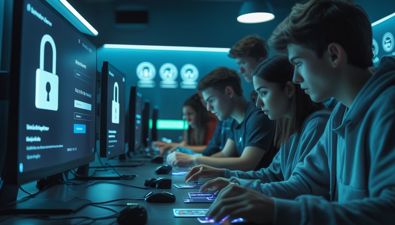 Sekelompok orang muda bermain game kartu online di ruang privat dengan suasana yang aman dan teknologi digital di latar belakang.