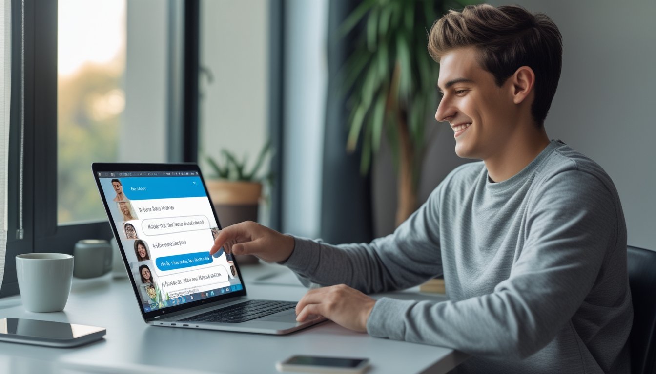 Seseorang sedang menggunakan laptop di meja kerja untuk mengatur akun dan mengundang teman secara online.