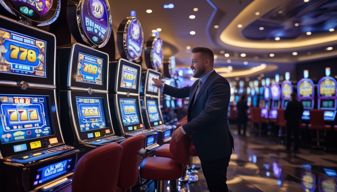 Seorang pemain sedang bermain mesin slot berwarna-warni di dalam kasino yang modern dan terang.