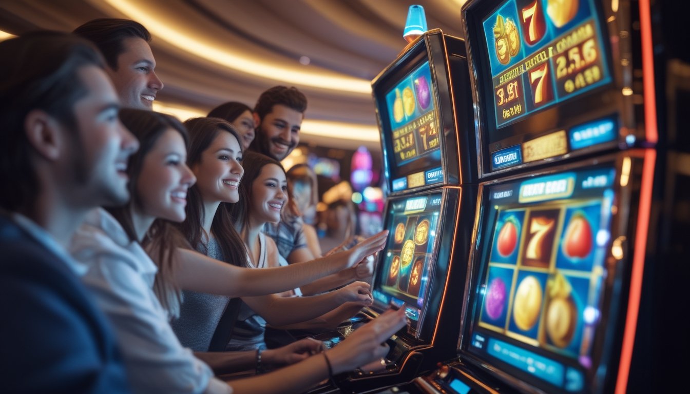 Orang-orang bermain mesin slot di kasino dengan layar mesin yang menampilkan simbol warna-warni dan suasana yang cerah dan ramai.