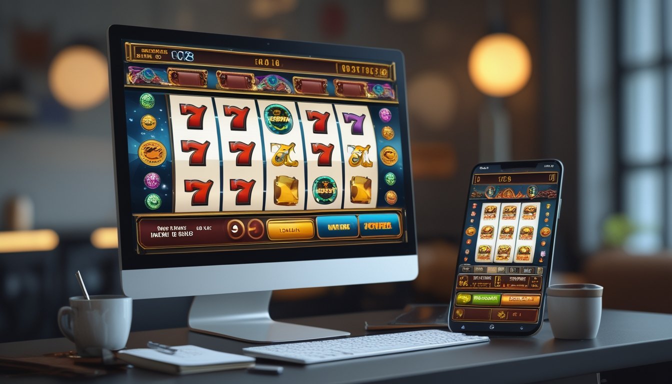 Seorang pemain sedang menggunakan komputer dan ponsel untuk bermain permainan slot online dengan grafik mesin slot yang berwarna-warni di layar.