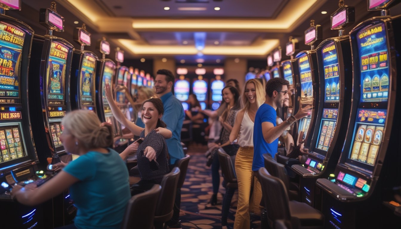 Beberapa orang bermain mesin slot berwarna-warni di kasino yang terang dan modern.