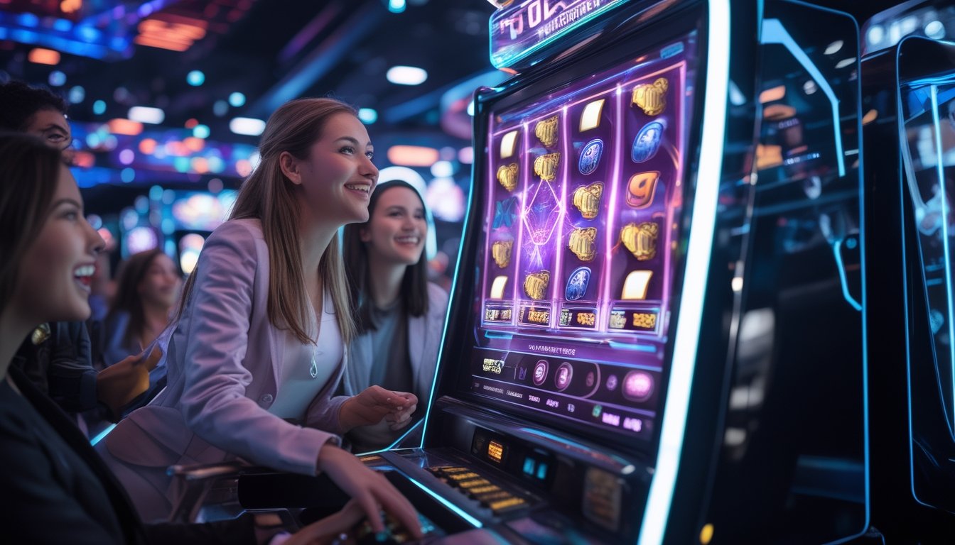Seorang pemain sedang menggunakan mesin slot modern dengan pola digital yang menyala di kasino futuristik.