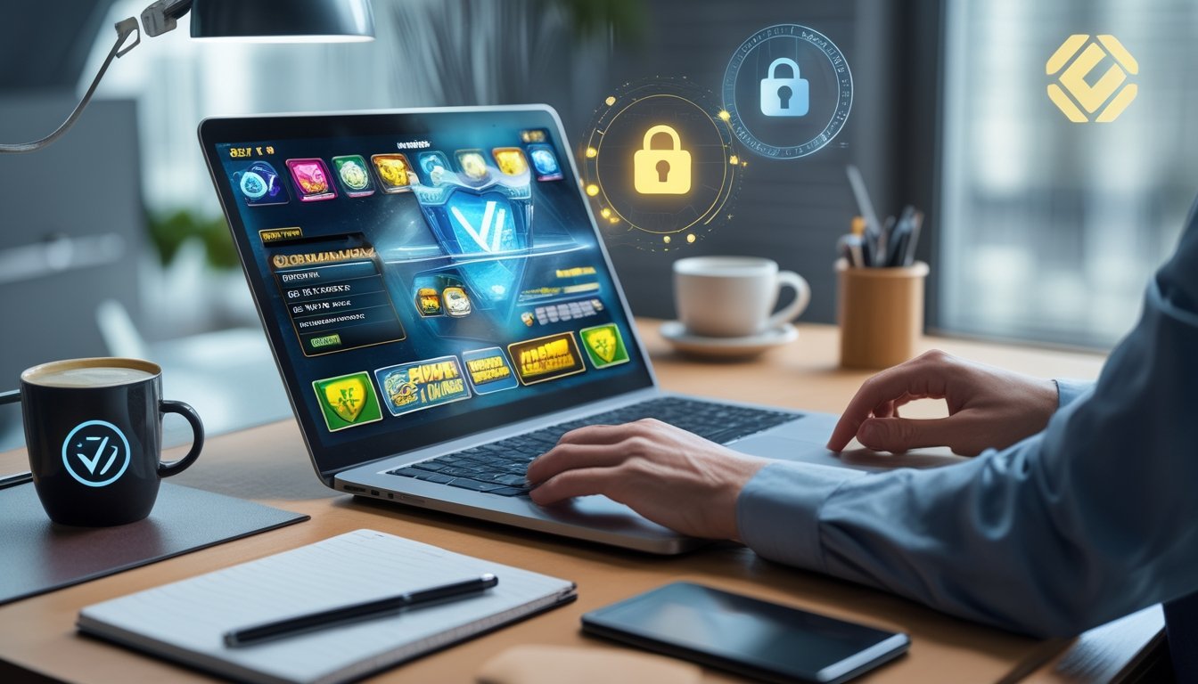 Seseorang sedang menggunakan laptop dengan tampilan permainan slot online di meja kerja yang rapi dan terang.