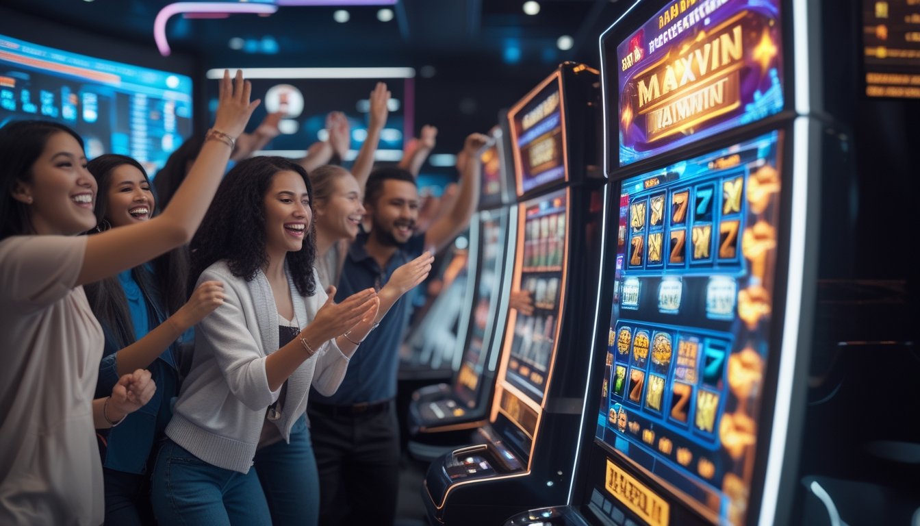 Sekelompok pemain slot online yang antusias berkumpul di sekitar mesin slot digital dengan ekspresi kegembiraan dan perayaan.