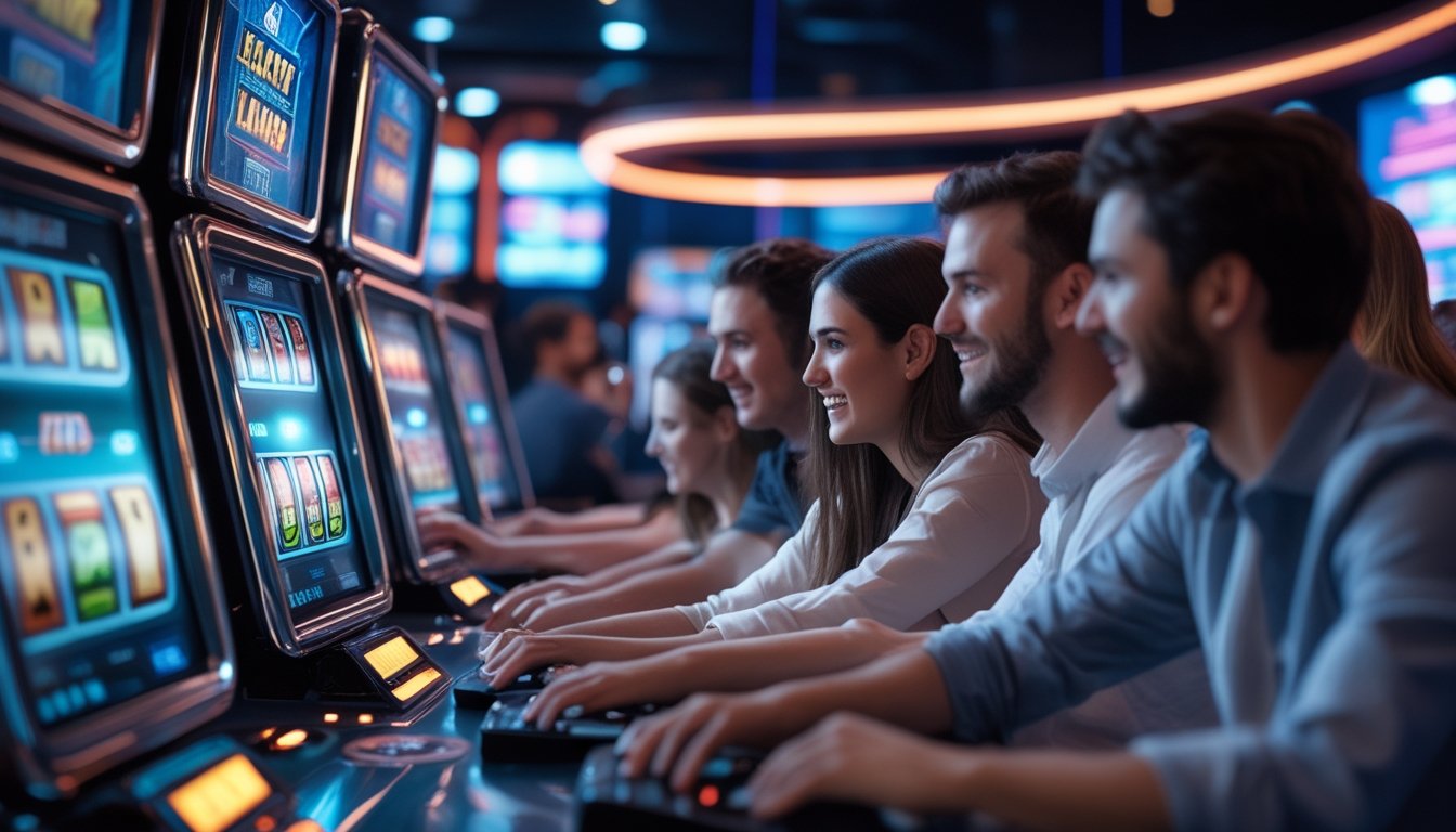 Sekelompok orang muda sedang bermain mesin slot digital di ruang permainan modern dengan pencahayaan neon.