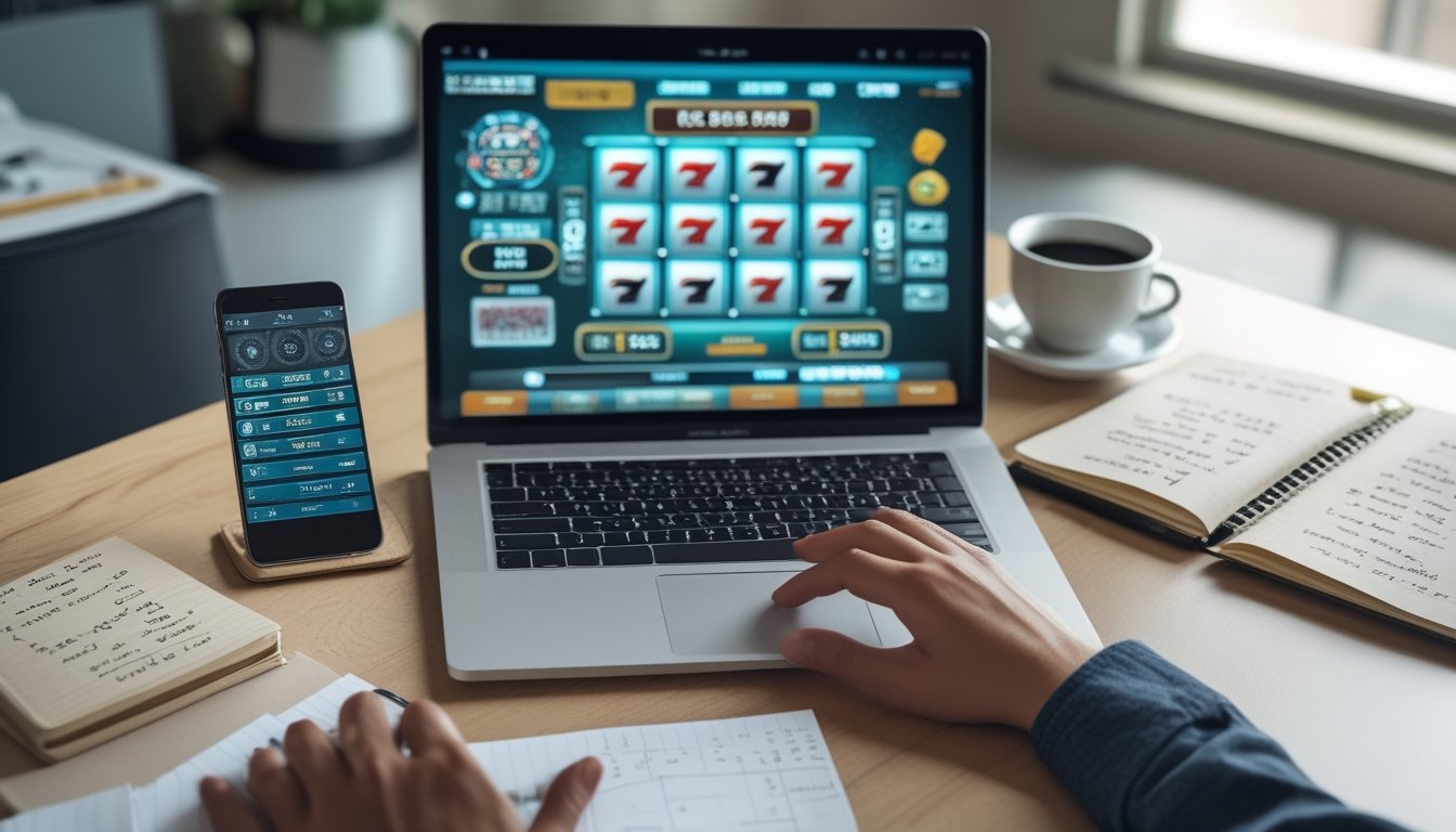 Seorang dewasa muda duduk di meja dengan laptop menampilkan permainan slot online, mencatat dan mengatur modal dengan tenang di ruang kerja yang rapi.
