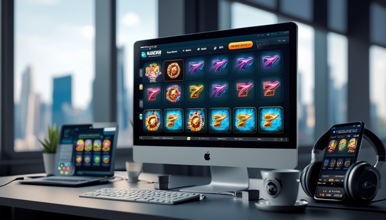 Sebuah layar komputer menampilkan permainan slot online berwarna-warni di sebuah kantor modern dengan pemandangan kota di latar belakang.