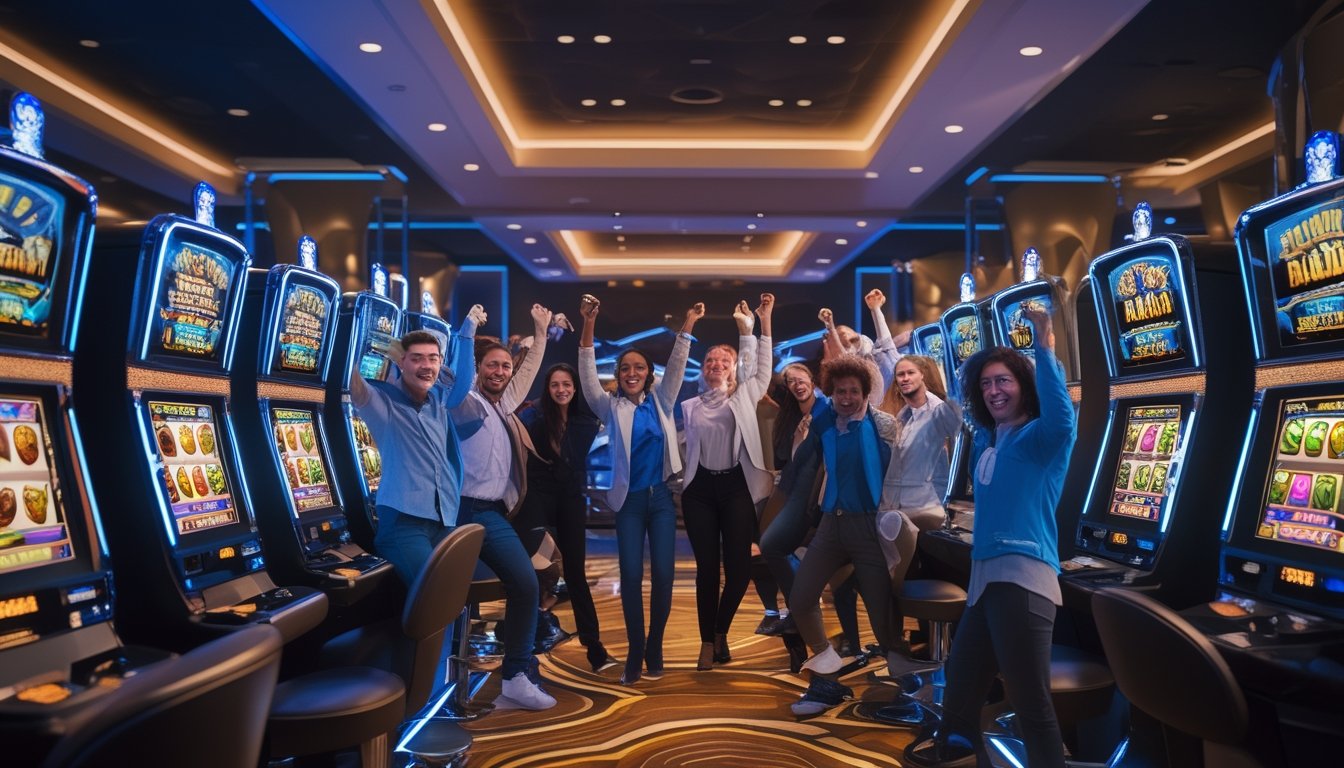 Suasana kasino modern dengan beberapa mesin slot digital berwarna cerah dan pemain yang antusias sedang menikmati permainan.