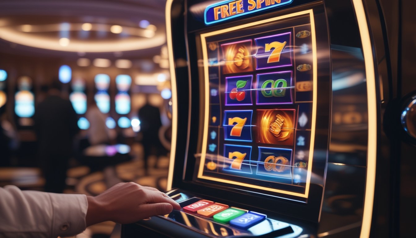 Mesin slot modern dengan layar berwarna cerah menampilkan simbol putaran gratis di dalam kasino yang terang dan ramai.