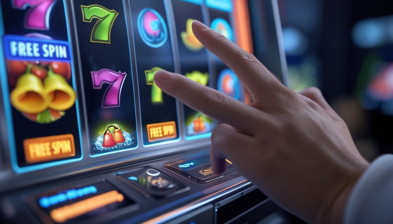 Seorang pemain sedang menekan tombol pada mesin slot digital dengan gulungan berwarna-warni yang menunjukkan fitur free spin dalam permainan.