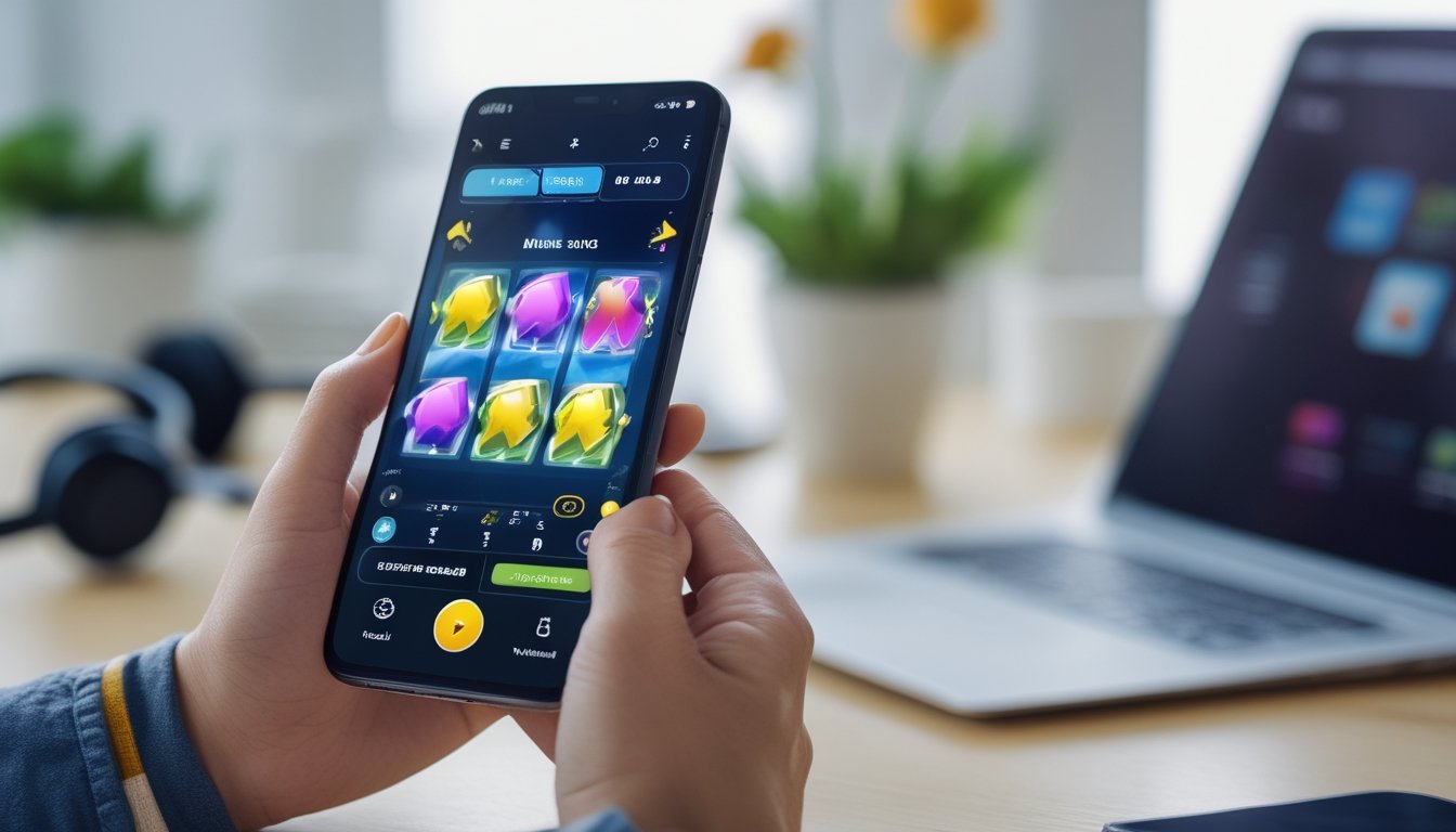 Seseorang memegang smartphone yang menampilkan permainan slot online dengan latar dalam ruangan modern.