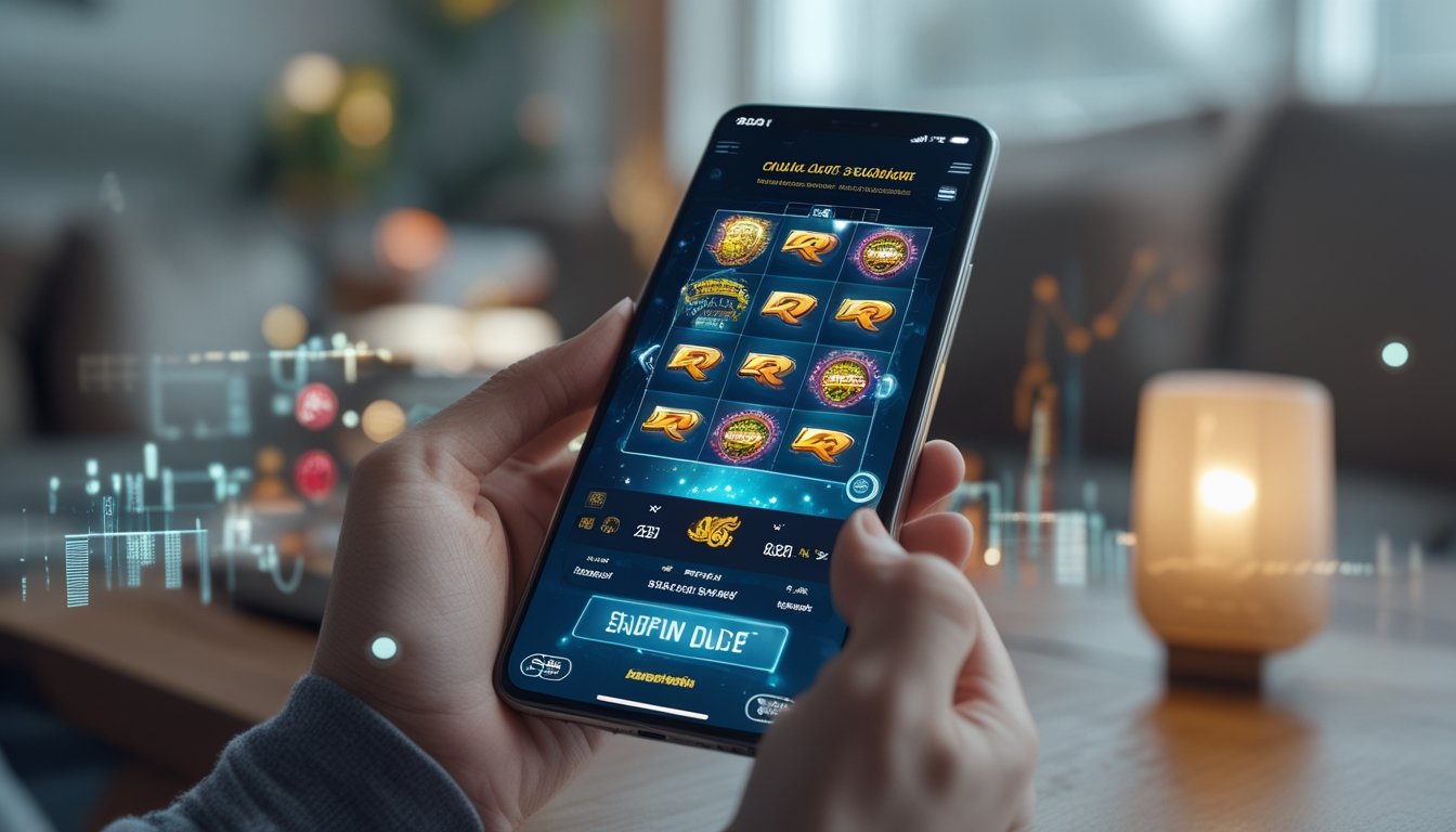 Seseorang memegang smartphone yang menampilkan permainan slot online dengan latar dalam ruangan yang nyaman.