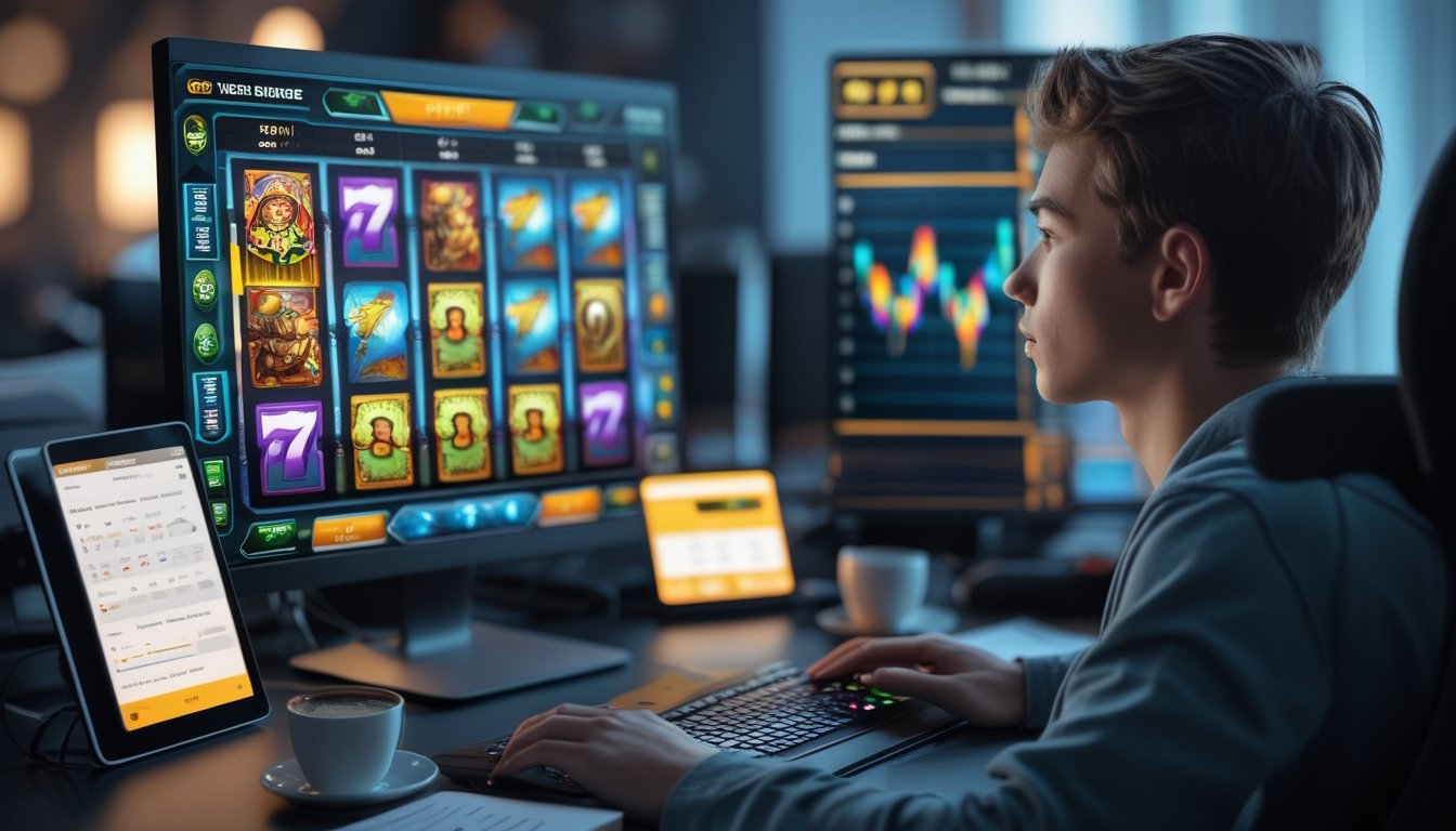 Seorang pemain muda duduk di depan komputer dengan layar menampilkan mesin slot dan grafik analisis, dikelilingi oleh buku catatan dan ponsel di meja.