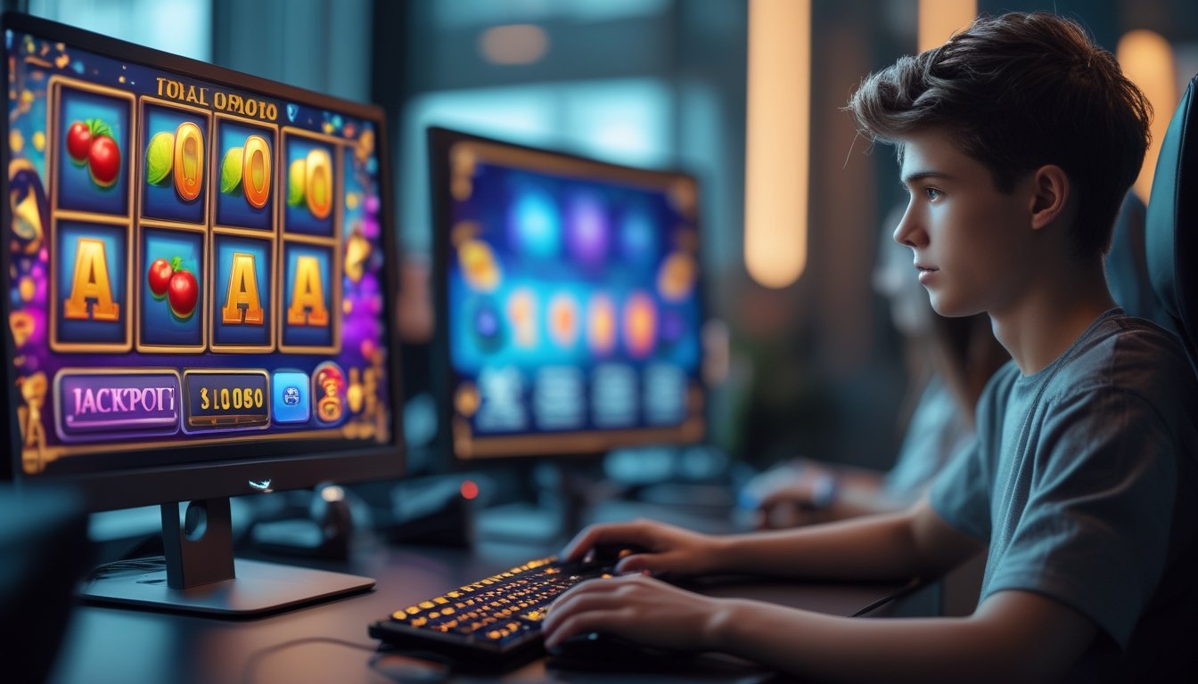 Seorang pemain muda duduk di depan komputer dengan layar menampilkan permainan slot online berwarna-warni.