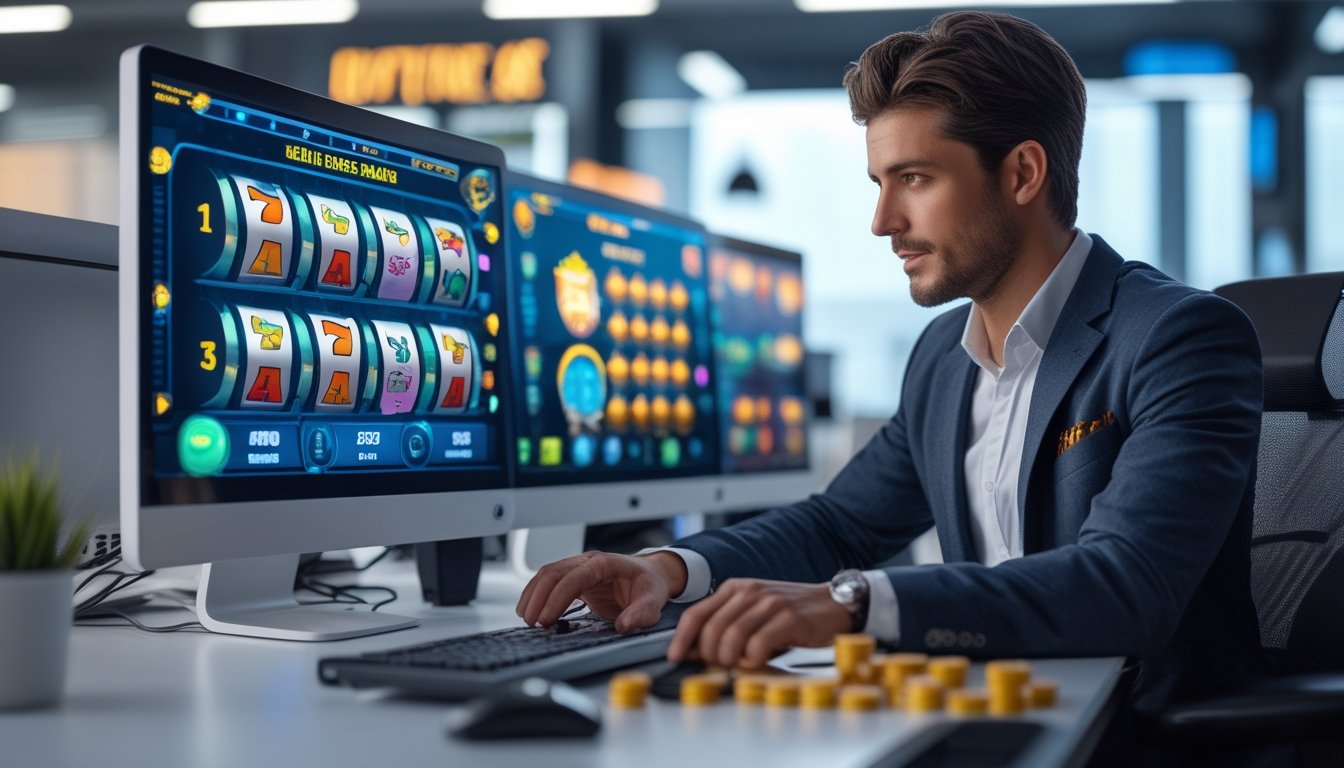Seorang pria di depan komputer dengan layar menampilkan grafik mesin slot dan data kemenangan tinggi di ruang kantor modern.