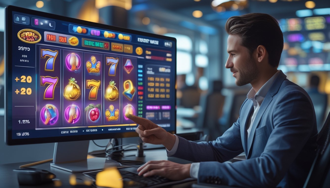 Seseorang sedang menggunakan komputer dengan tampilan permainan slot berwarna-warni dan grafik data kemenangan di lingkungan kantor modern.