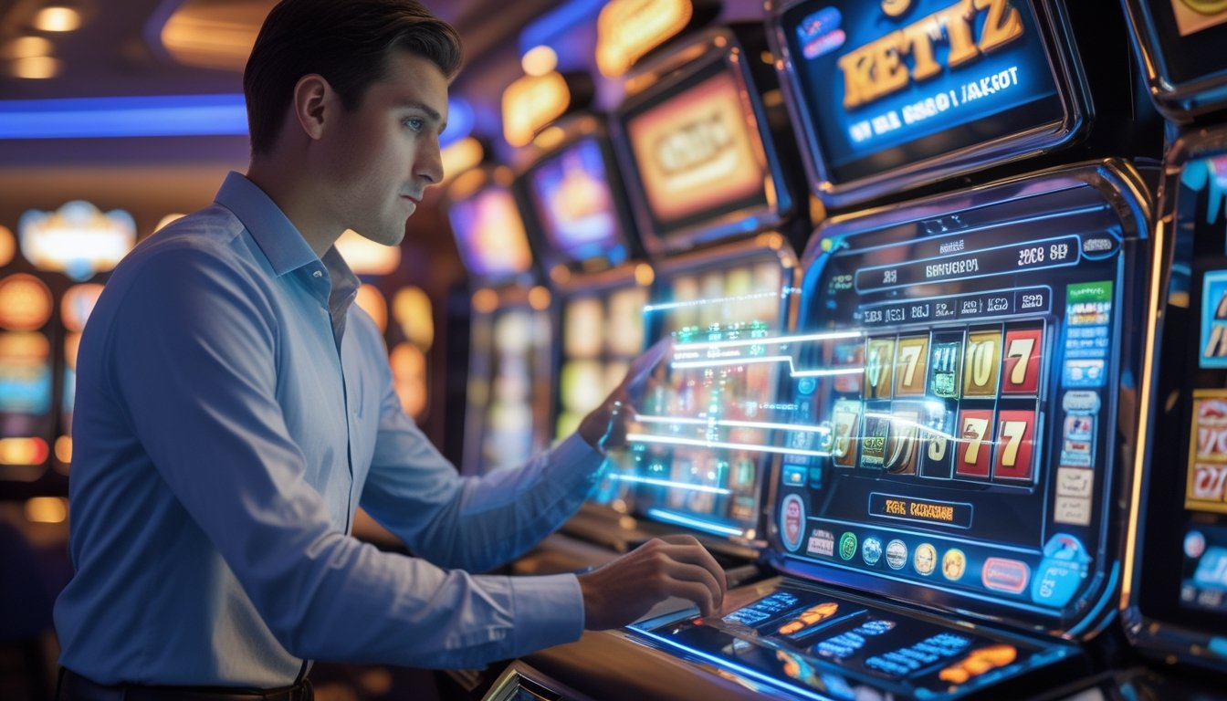 Seorang pria atau wanita sedang menganalisis data di depan mesin slot di dalam kasino yang terang dan penuh warna.