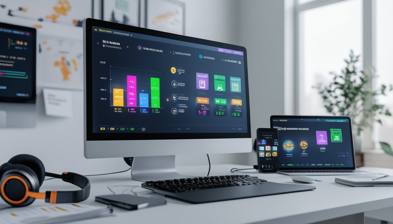 Sebuah ruang kerja modern dengan komputer yang menampilkan grafik permainan slot warna-warni dan aksesori gaming di sekitarnya.