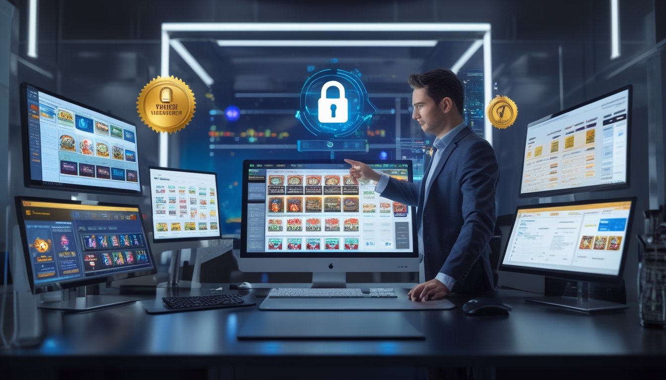 Seorang profesional sedang bekerja di depan beberapa layar komputer yang menampilkan permainan slot dan data analisis di sebuah ruang kerja modern dan terorganisir.