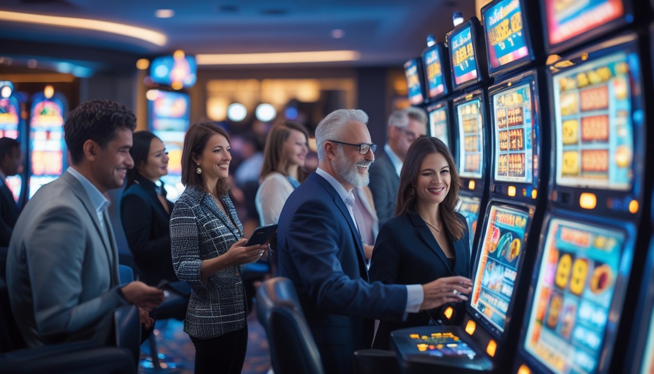 Orang-orang sedang bermain mesin slot di kasino modern dengan suasana cerah dan penuh semangat.