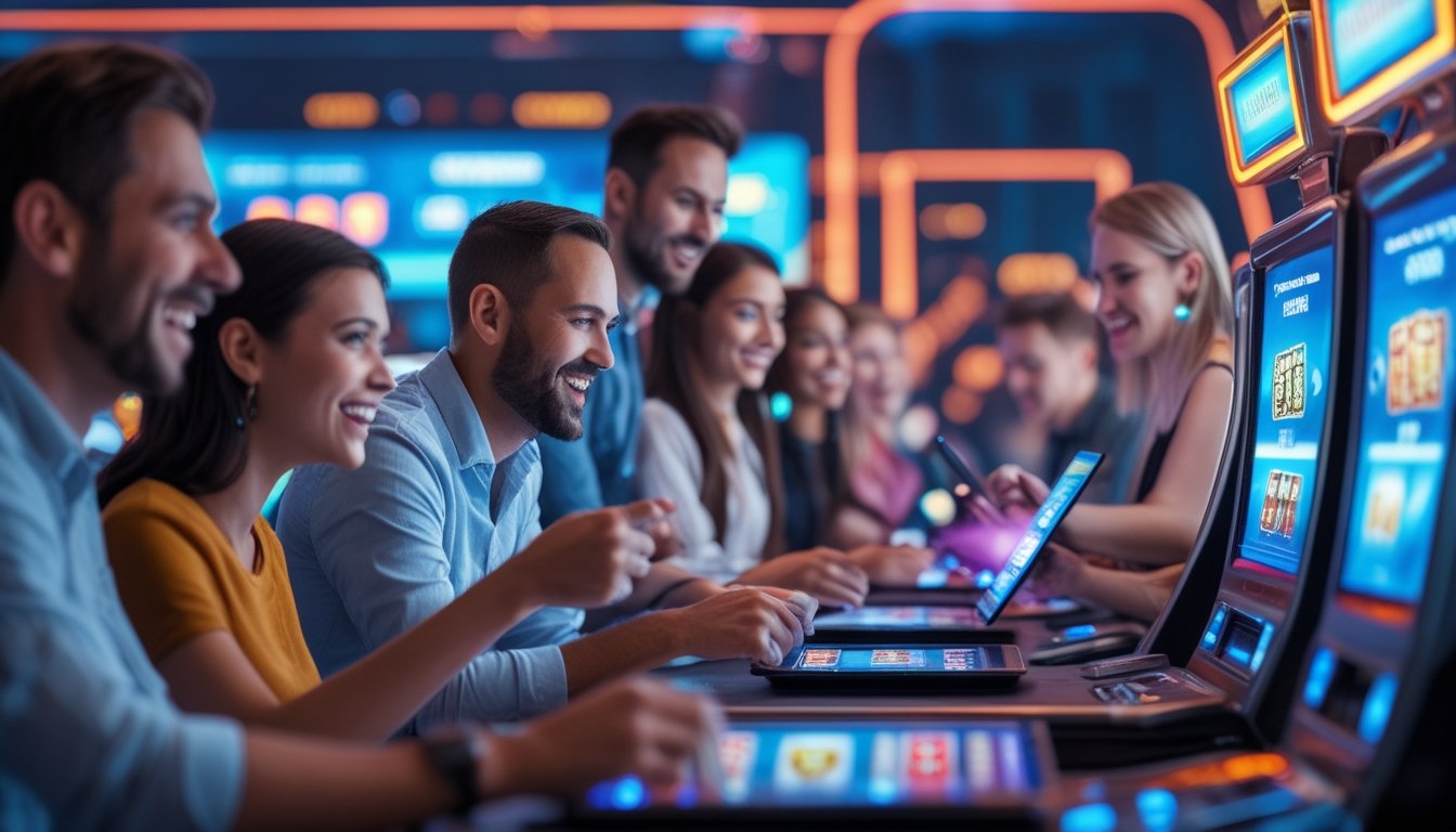 Sekelompok pemain yang antusias menggunakan perangkat digital untuk bermain slot online dengan latar belakang platform digital futuristik.