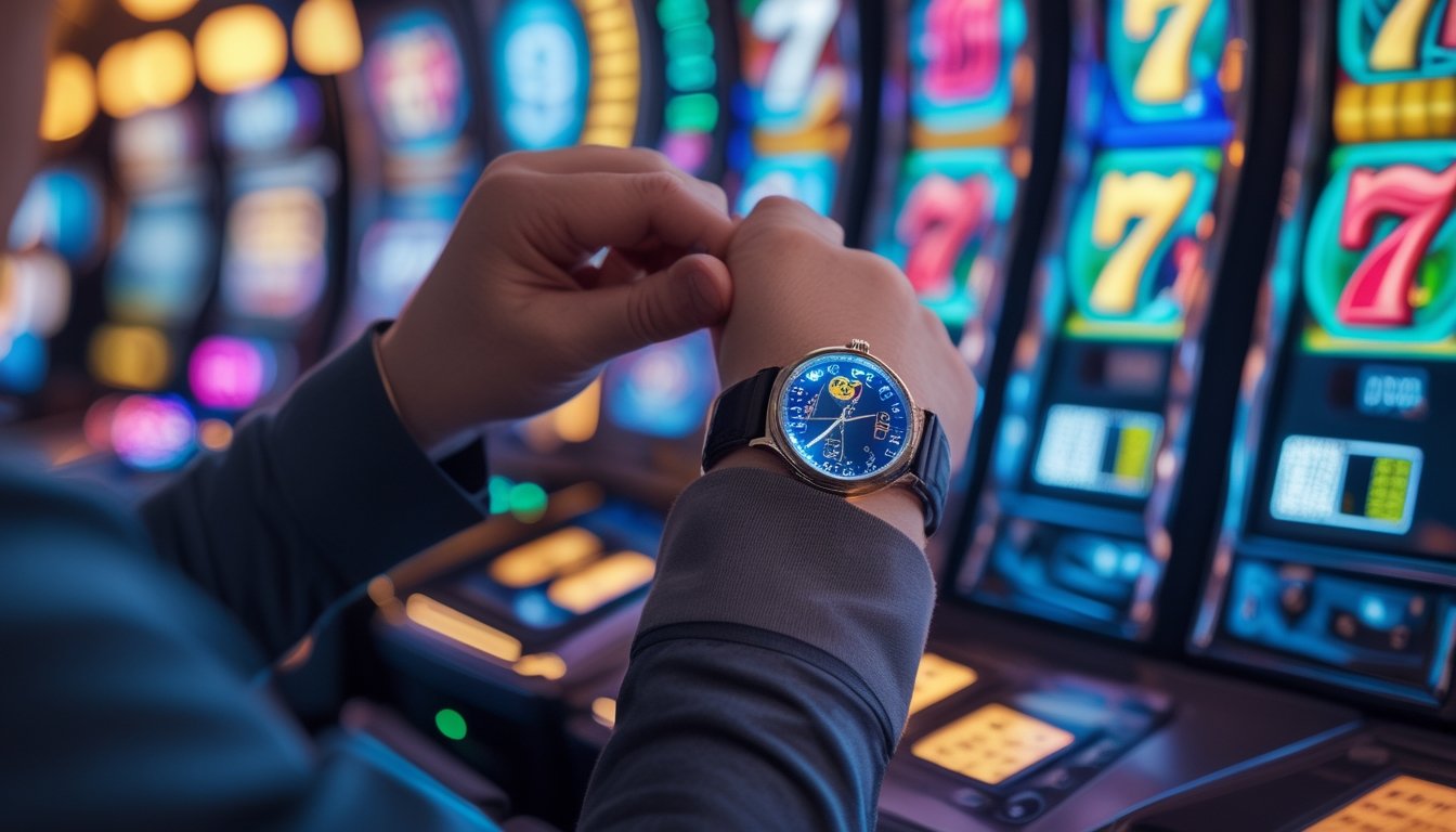 Tangan seseorang sedang mengatur jam tangan di depan mesin slot yang berwarna-warni di kasino.