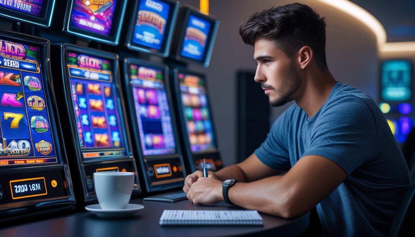 Seorang pria muda duduk di depan layar mesin slot dengan ekspresi fokus, di ruangan modern yang terang dan rapi.