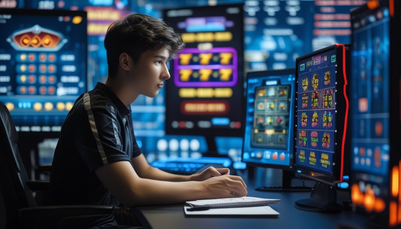 Seseorang duduk di depan komputer dengan layar yang menampilkan permainan slot online dan grafik, sedang menganalisis data dengan serius.