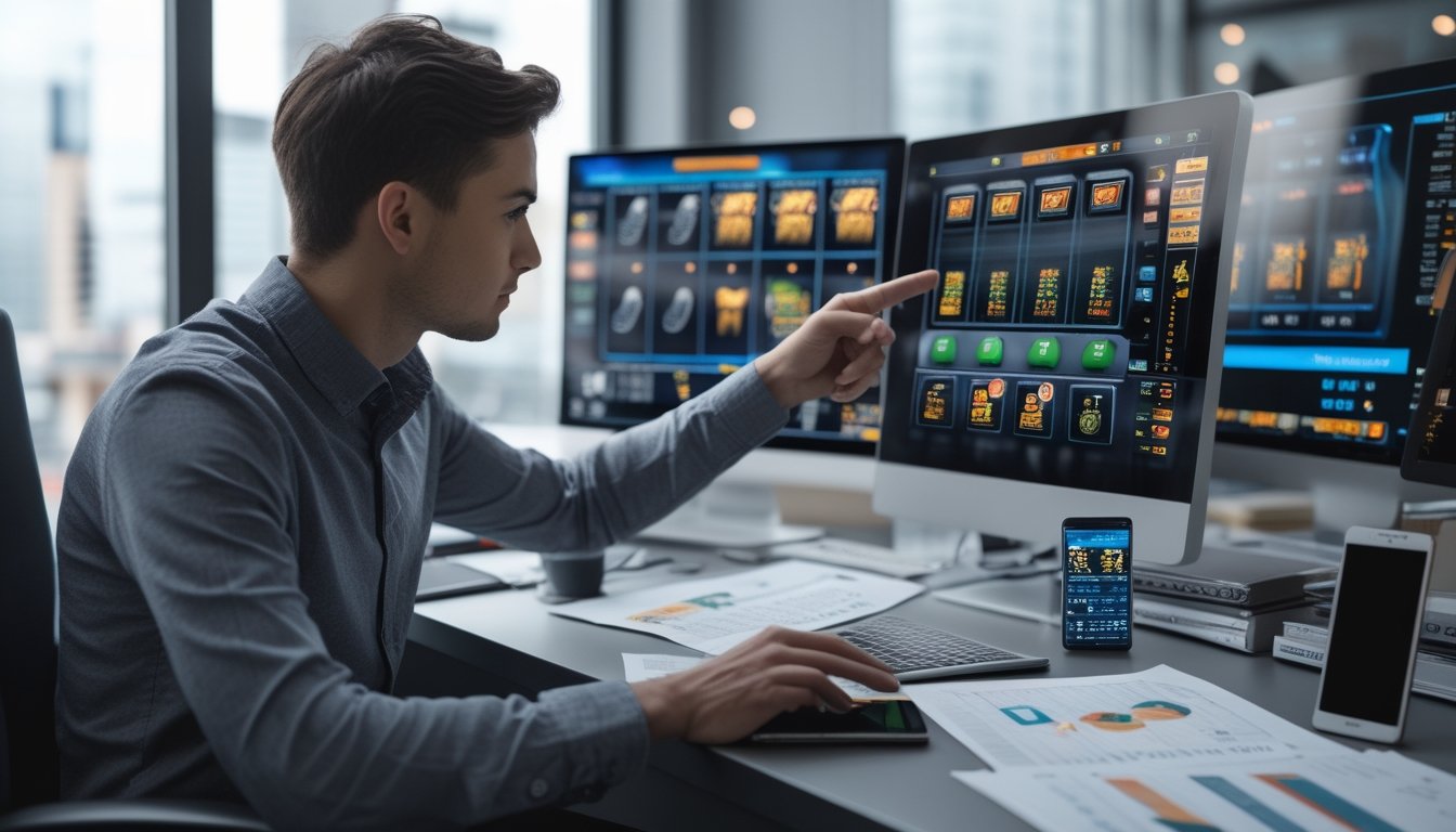 Seorang pria muda sedang menganalisis data slot mesin di depan beberapa layar komputer di ruang kantor modern.