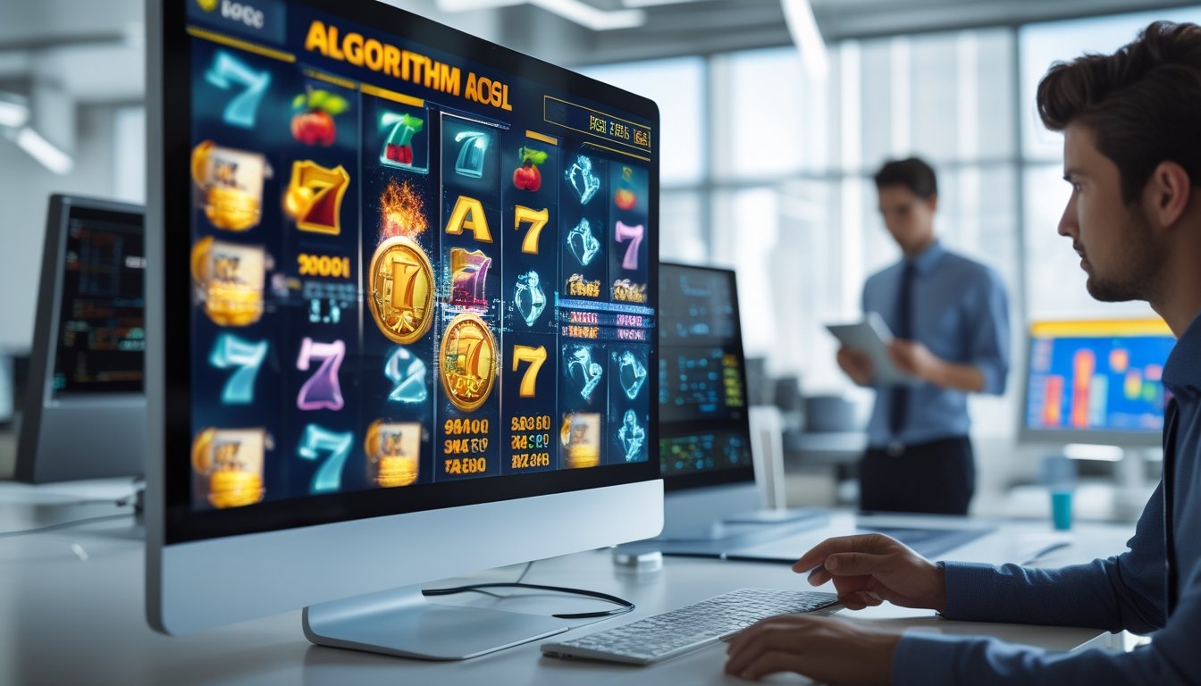 Seorang profesional sedang menganalisis data algoritma slot digital di depan komputer dengan tampilan mesin slot digital dan grafik di layar.