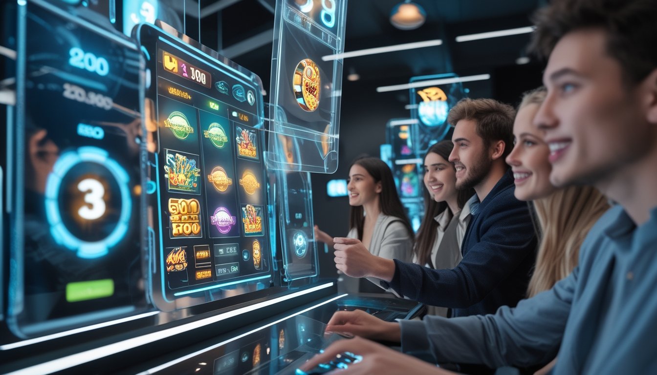Orang-orang muda sedang menggunakan teknologi permainan slot digital futuristik dengan layar holografik berwarna cerah di sebuah ruang permainan modern.