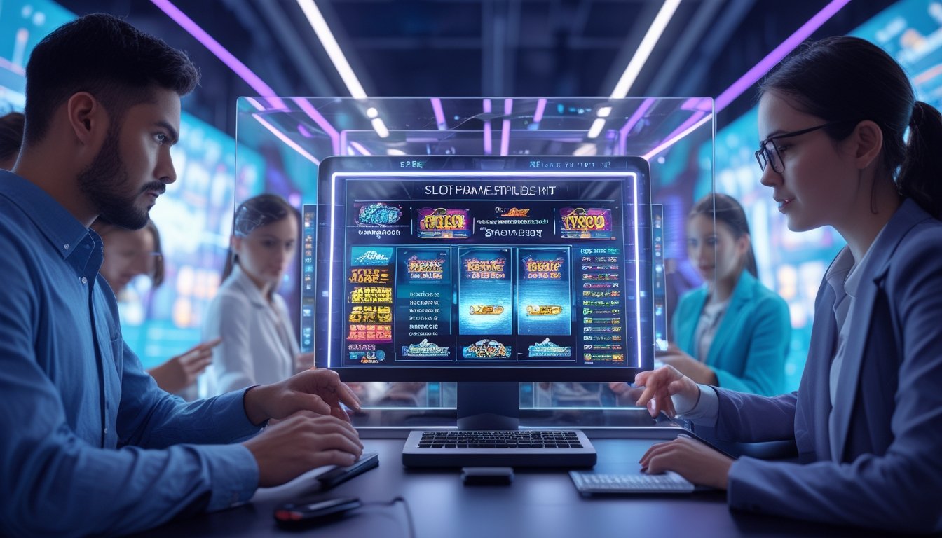 Sejumlah profesional muda di depan layar digital yang menampilkan permainan slot berwarna-warni dalam suasana teknologi tinggi dan futuristik.