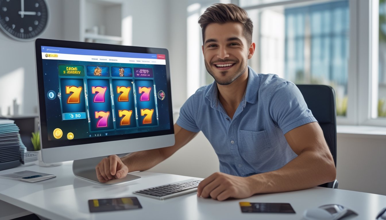 Seorang pria muda duduk di meja dengan laptop yang menampilkan permainan slot online, tersenyum sambil menggunakan ponsel dan kartu kredit di ruang kerja yang terang.