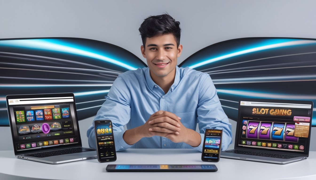 Seorang dewasa muda sedang menggunakan laptop dan ponsel untuk bermain permainan slot online dengan suasana yang cerah dan modern.