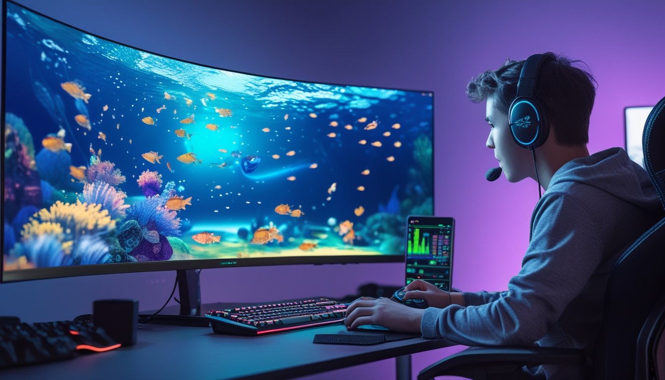 Seorang pemain game muda sedang bermain game tembak ikan di depan monitor besar dengan latar bawah laut dan ikan berwarna-warni.