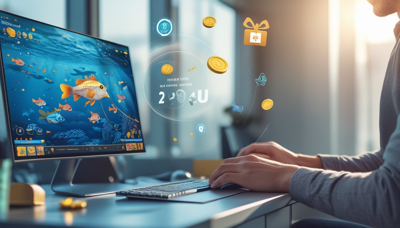 Seseorang sedang bermain game tembak ikan di komputer dengan tampilan grafis ikan berwarna-warni dan ikon hadiah di layar.