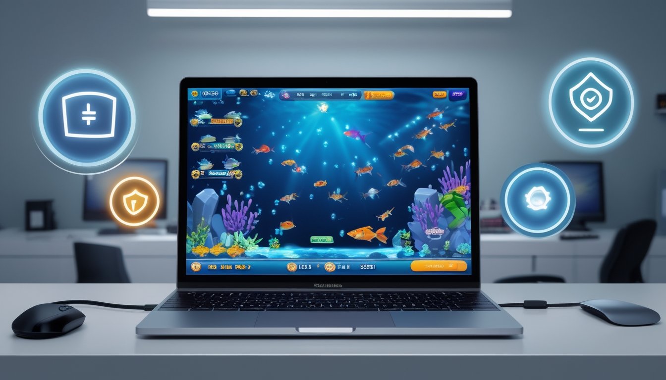 Seorang pengguna sedang bermain game tembak ikan di komputer dengan latar belakang tema bawah laut dan ikon keamanan serta bonus di sekitar perangkat.