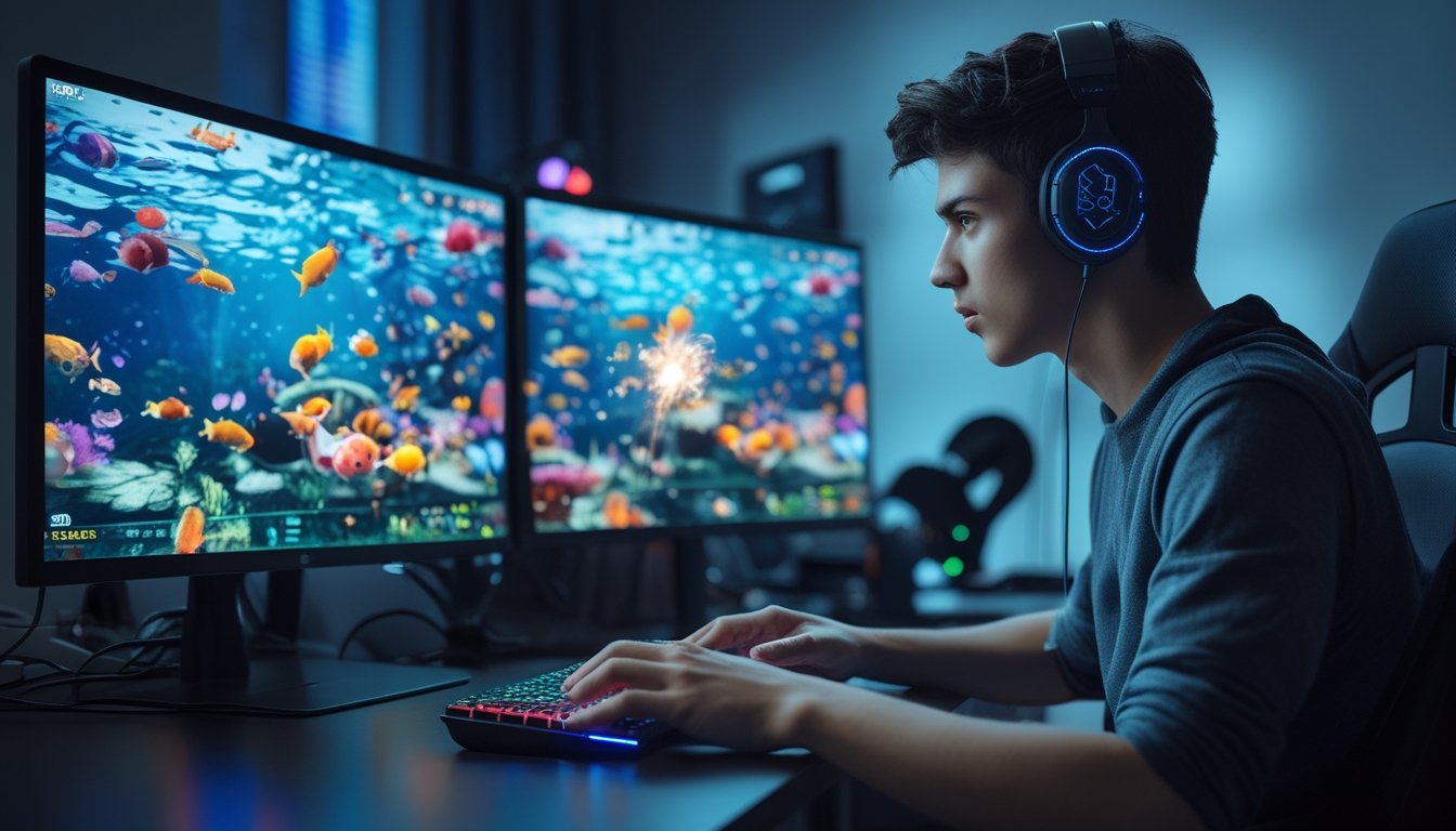 Seorang pemain muda fokus bermain game tembak ikan di komputer dengan layar menampilkan grafik ikan berwarna-warni.