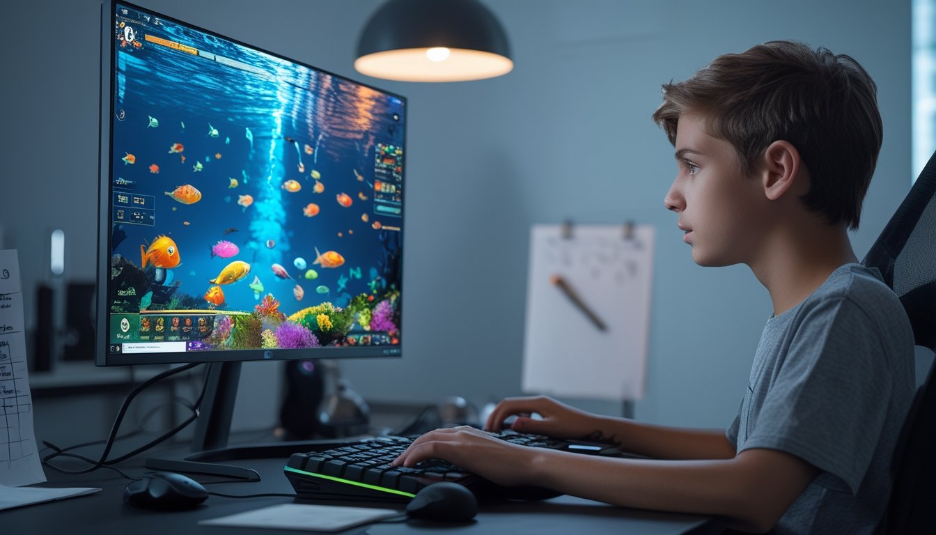 Seorang pemain muda sedang fokus bermain game tembak ikan di komputer dengan layar menampilkan grafis bawah laut berwarna-warni.